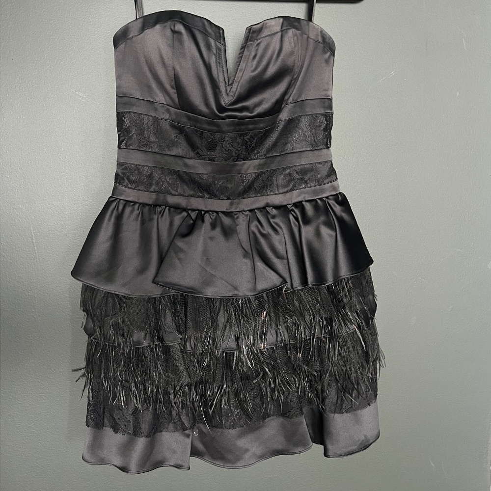 Strapless Feather and Lace Bebe Mini Dress XS
